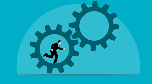 Illustration of a man running inside a gear engaging another gear, against a blue background