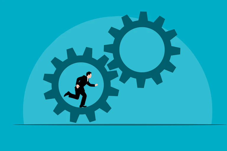 Illustration of a man running inside a gear engaging another gear, against a blue background