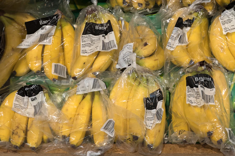 Packaged bananas in rows