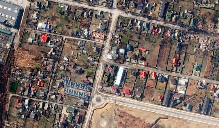 Satellite images of Bucha, northwest Ukraine, showing bodies lying in the streets.