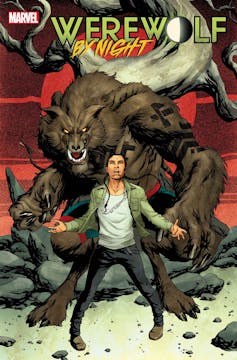 Comic cover of a man standing in front of a werewolf.