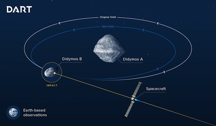Il piccolo asteroide Dimorphos orbita attorno a uno più grande.  Sono indicate le due orbite prima e dopo la collisione con la sonda DART, la seconda è leggermente più stretta.