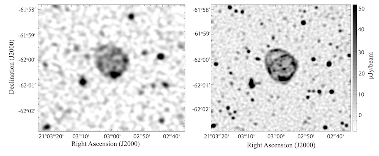 Graphic of the first odd radio circle discovered (ORC1) in a 2019 image from the Australian SKA Pathfinder (left), and the new detailed image from MeerKAT (right).