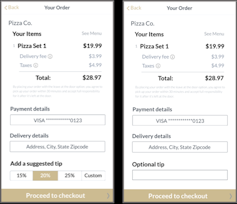 Two payments interfaces sit side by side with prices for a 'pizza set.' The one on the left has suggested tipping options 15% 20% 25% and the other has an empty box with optional tip