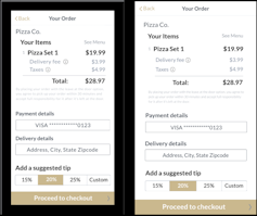Two payments interfaces sit side by side with prices for a 'pizza set'. The one on the left is slightly smaller with less spacing between words and elements than the one on the right
