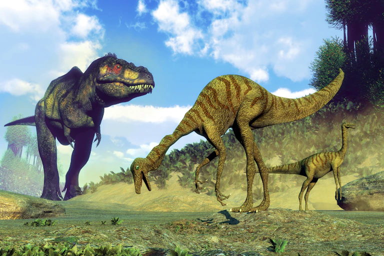 artist rendition of a tyrannosaurus rex lumbering up to its prey