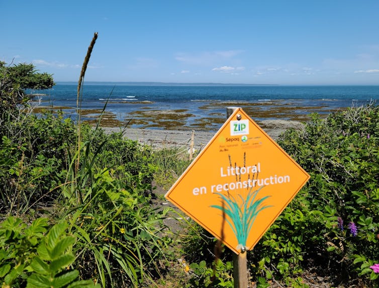 A sign reads 'coastline under construction' in front of bushes and shrubs, with a beach and water in the background.