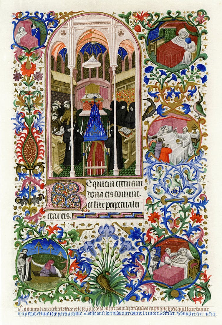 A medieval manuscript with colorful illustrations depicts rites for people who are dying.