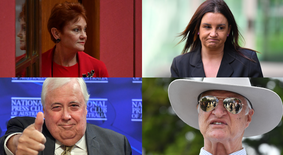 Pauline Hanson in the senate, Jacquie Lambie outside Parliament House, Clive Palmer at his National Press Club speech and Bob Katter at a press conference, in a composite image.