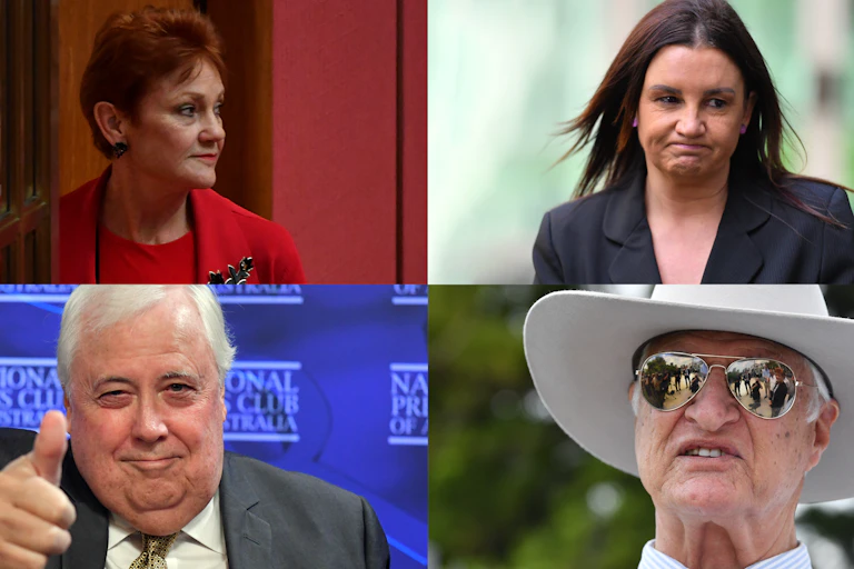 Pauline Hanson in the senate, Jacquie Lambie outside Parliament House, Clive Palmer at his National Press Club speech and Bob Katter at a press conference, in a composite image.