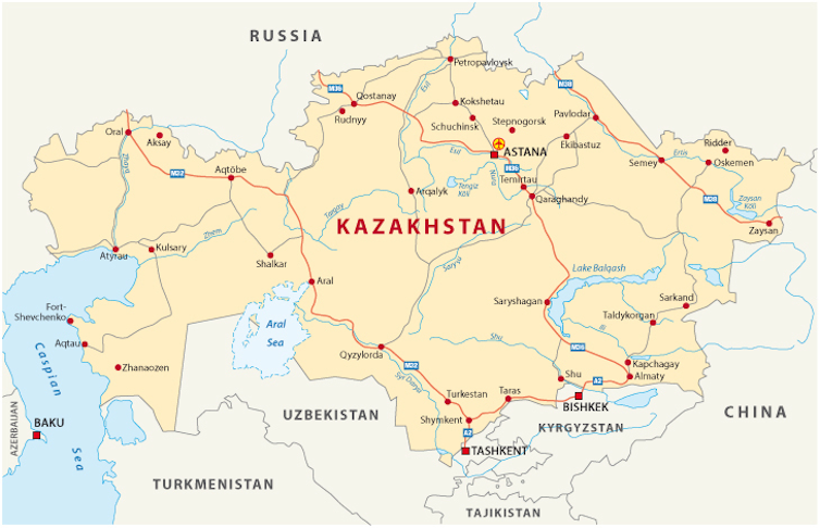 Locator map of Kazakhstan showing Russia, China and its neighbouring republics.