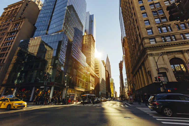 42nd street and Fifth Avenue crossing early in the morning, New York City, New York State, USA