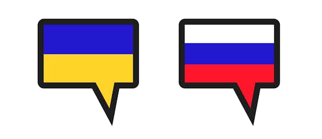 Speech bubbles containing the Ukrainian and Russian flags