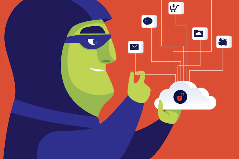 a cartoon image of a man wearing a hood and a mask over his eyes holds a cloud in his left hand and grasps at an icon representing email with his right hand