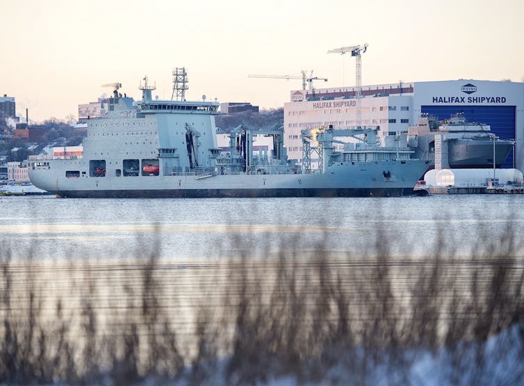 A navy supply ship is seen docked in a harbour, grasses and shrubs in the foreground.