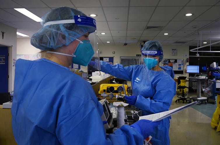 A supplied image of ICU staff caring for COVID-19 positive patients in the ICU of St Vincent’s Hospital in Sydney, Tuesday, July 13, 2021.