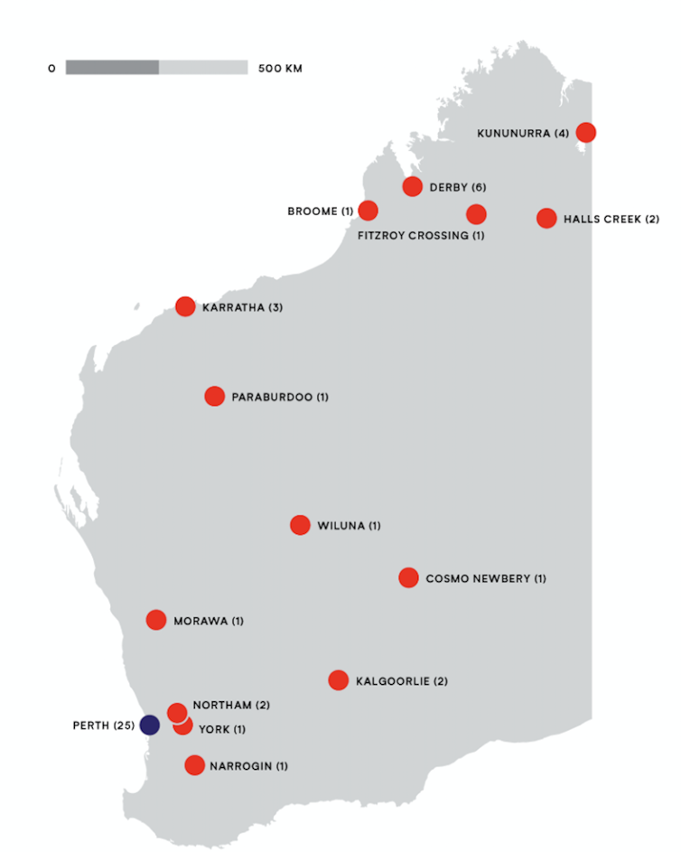 Map of WA with dot identifiers