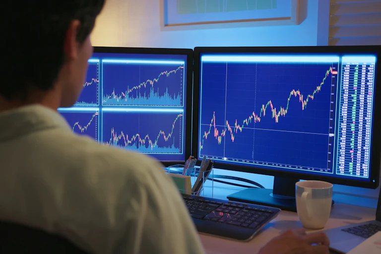 Photo showing a person looking at stock price charts on two computer monitors.