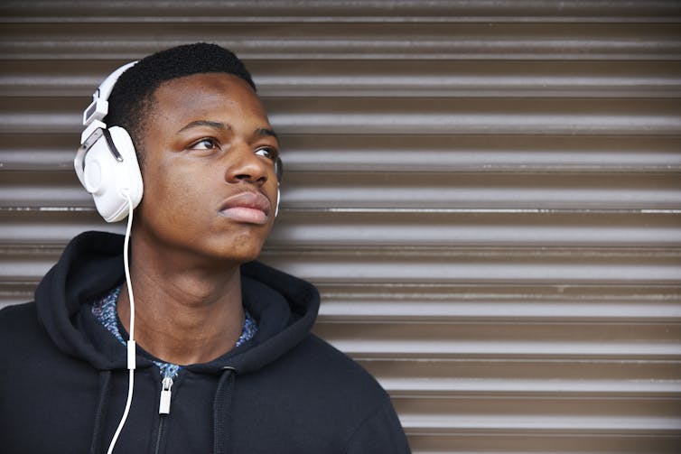 Teenage boy in hoodie and headphones
