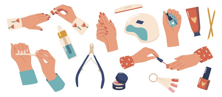 Hands being manicured with various tools.