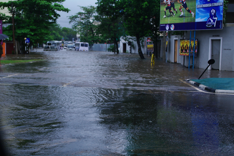 A flooded city street