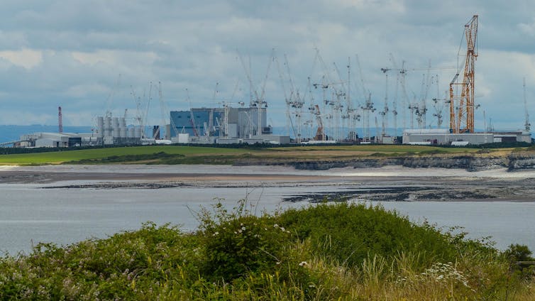 Cranes and buildings on far side of water