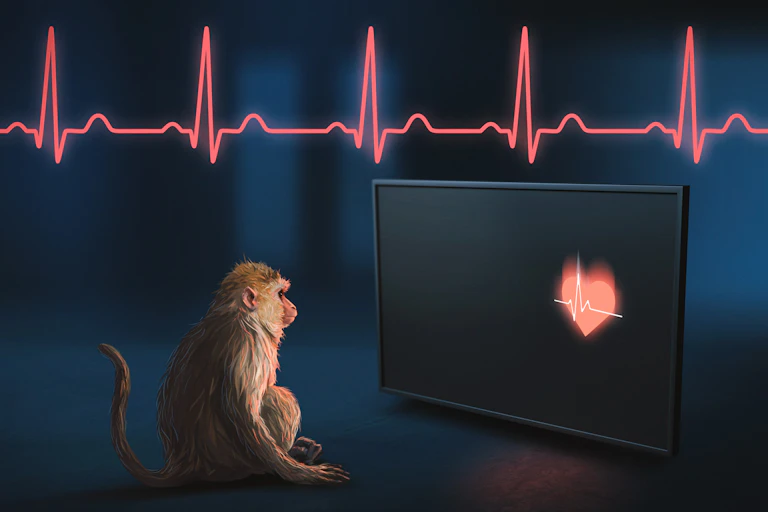 A graphic showing a monkey looking at a screen with heartbeat lines above.