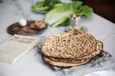 A platter showing unleavened bread with other symbols like the egg on a platter at a seder.