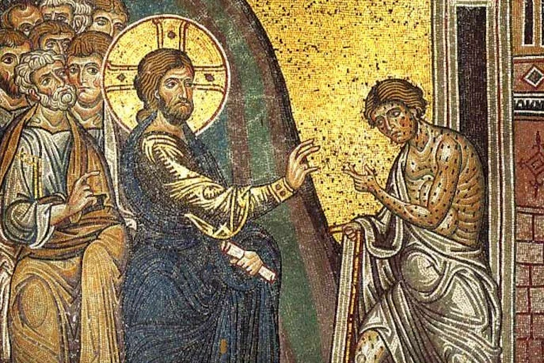 Mosaic shows Jesus with a halo reaching out to touch a diseased man.
