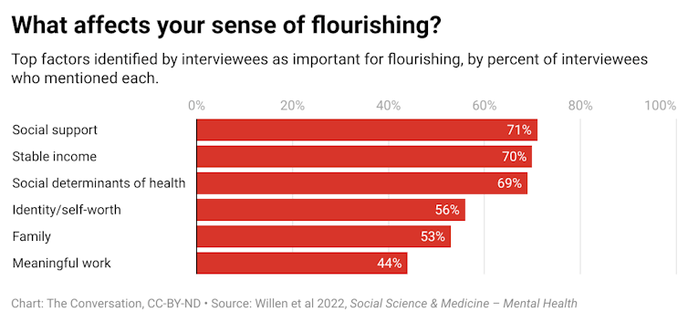 A bar graph showing the top factors identified by interviewees as important for flourishing, by percent of interviewees who mentioned each.