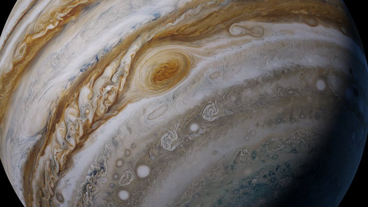 A close up of Jupiter, showing the Great Red Spot.