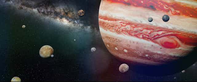 An image of Jupiter amongst the planets in our solar system. 
