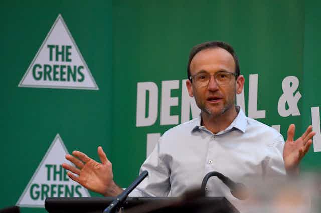 Greens leader Adam Bandt speaking to the media