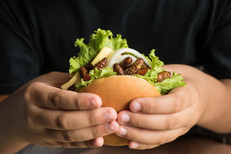 A close up of two hands holding a burger brimming with insects.
