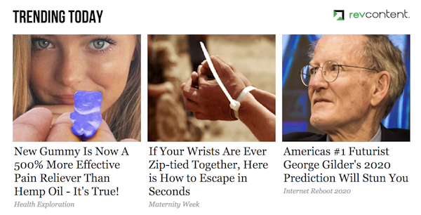These are examples of native ads found on news websites. They imitate the look and feel of links to news articles and often contain clickbait, scams and questionable products. Screenshot by eric zeng