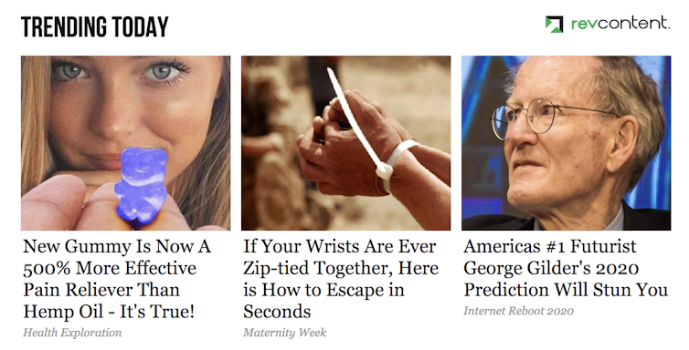 A grid of three native ads that look like news articles. One ad is selling CBD gummies, another is a clickbait story, and the last is trying to sell financial advice.