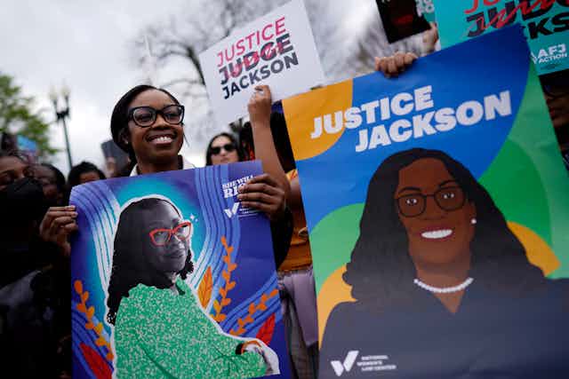 Supporters celebrate Ketanji Brown Jackson's promotion to the US Supreme Court.