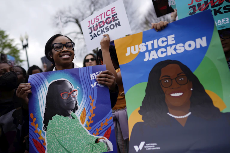 Supporters celebrate Ketanji Brown Jackson's promotion to the US Supreme Court.