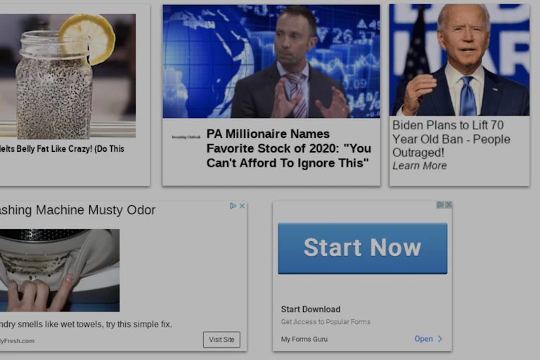 Five ads in a grid, the first advertises a way to "melt belly fat", the second is about a stock "you can't afford to ignore", the third is a clickbait headline about Biden, the third has a picture of a dirty washing machine, and the fifth is a large button that just says "start now", to trick people into downloading something.
