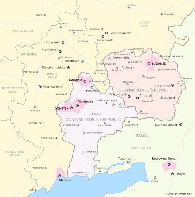 부모 러시아 이탈 공화국을 보여주는 우크라이나 돈 버스 지역의 지도.