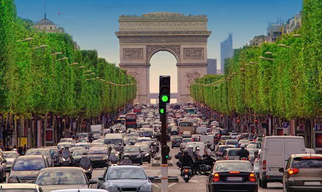 Traffic jam near the Arc de Triomphe in Paris