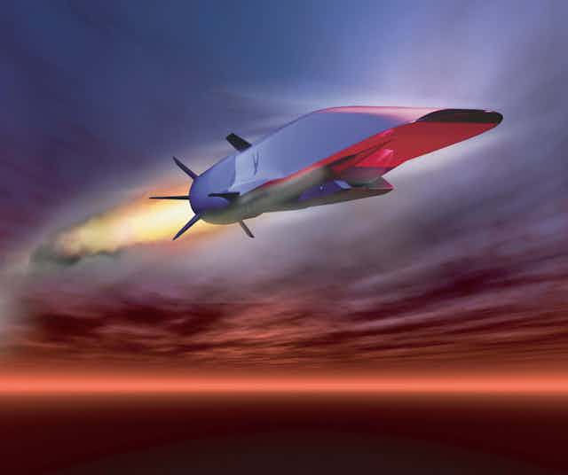 an artist rendering of a missile flying horizontally