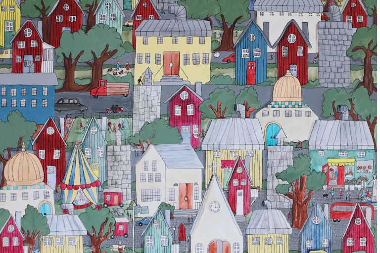 An illustration of houses, roads and trees