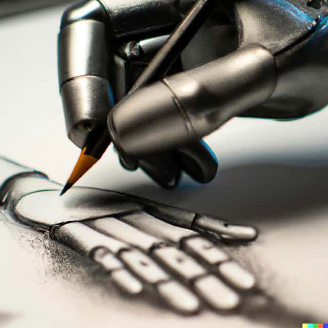 A photorealistic image of a robotic hand holding a pencil and drawing another robotic hand on a piece of paper.