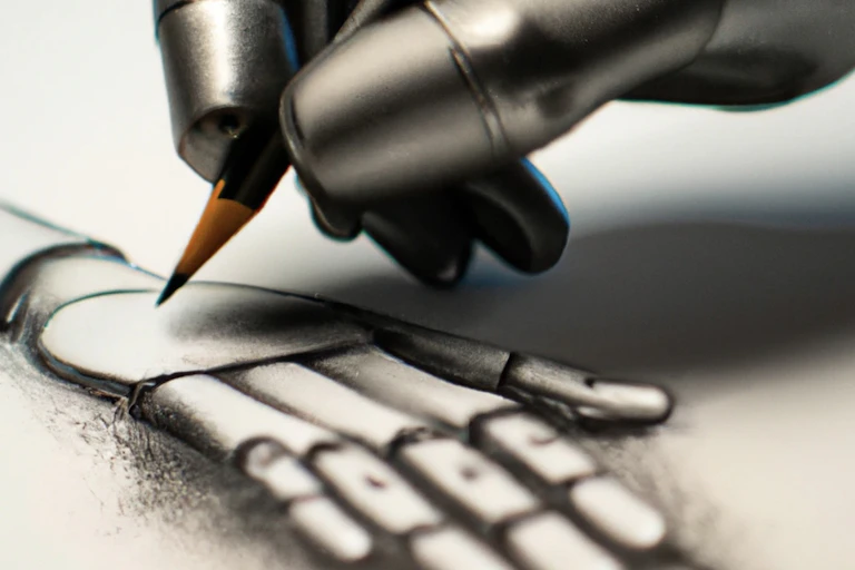 A photorealistic image of a robotic hand holding a pencil and drawing another robotic hand on a piece of paper.
