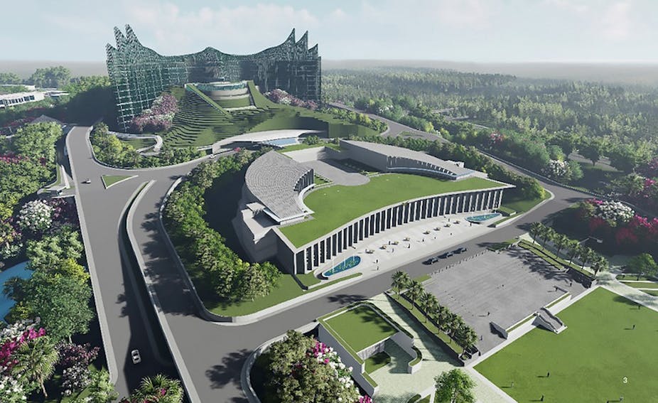 Digital rendering of a new Indonesia presidential palace in the shape of an eagle. 
