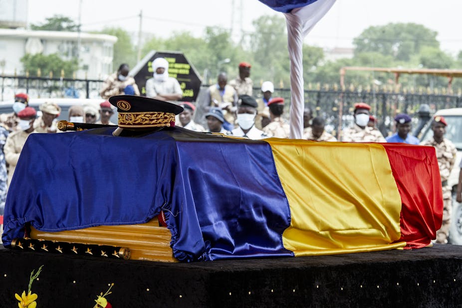 A coffin draped in the national flag of Chad