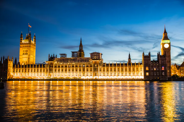 Big Ben and the Palace of Westminster at sunset.