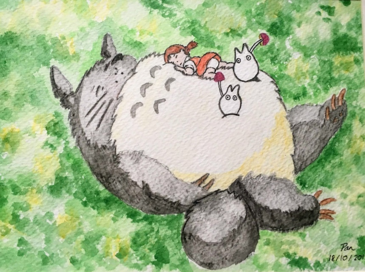 A drawing of a large fluffy creature with a small girl playing on its stomach