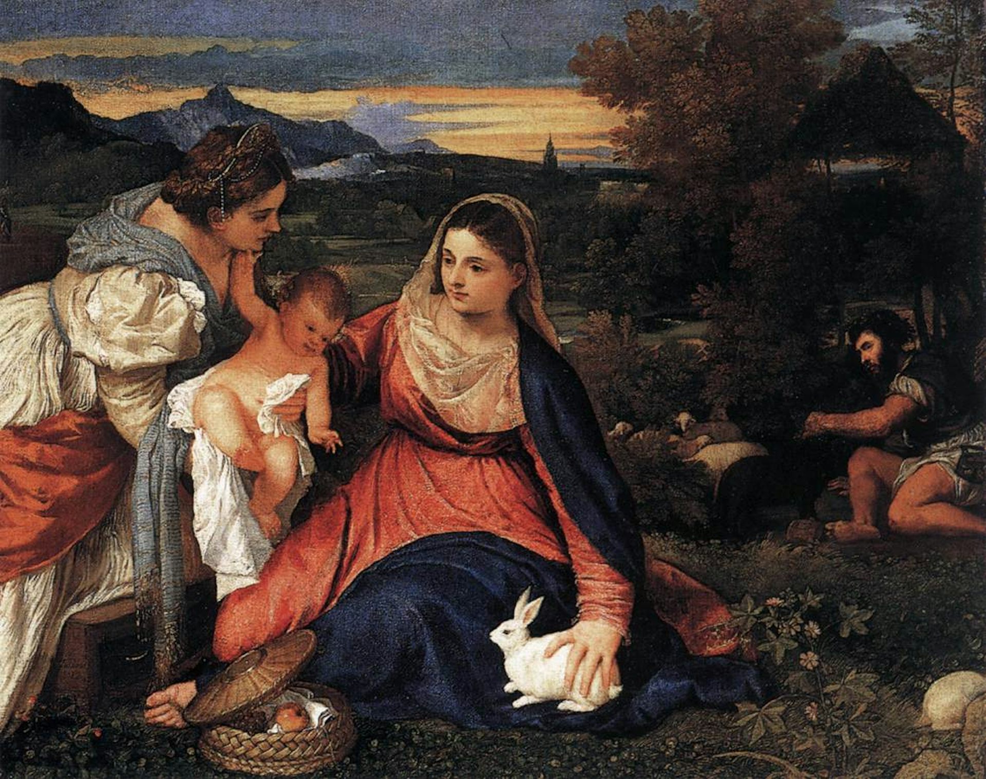 A painting depicting a young woman handing baby Jesus to Virgin Mary, who puts one hand around him, while holding a hare with the other.
